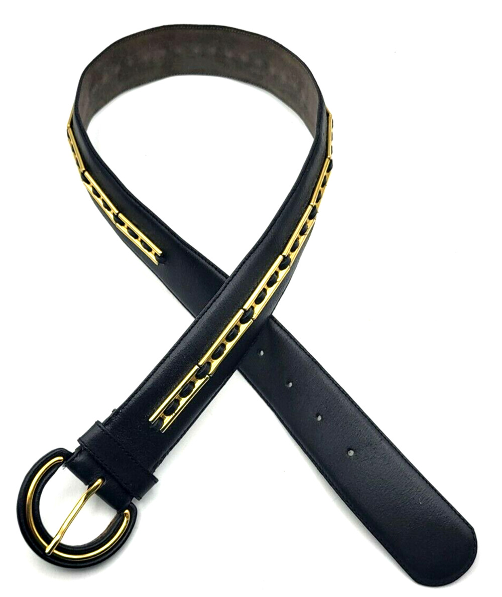 BELCINTO Women's Black Leather Belt With Gold Bar Accents 34" Long 1.5" Wide